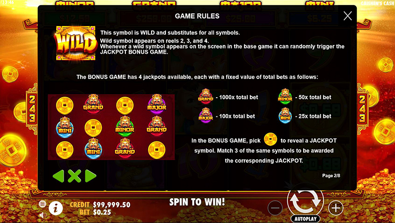 Caishen's Cash wild jackpot bonus game