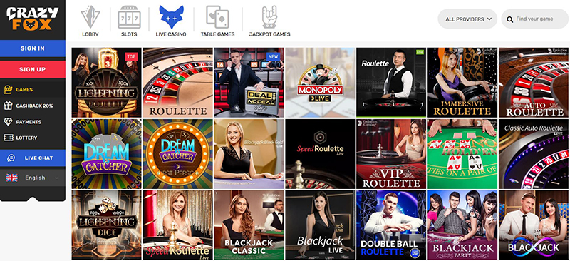 crazy fox casino live casino