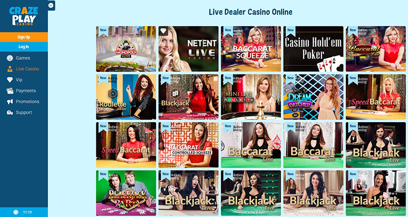 CrazePlay Casino live casino games