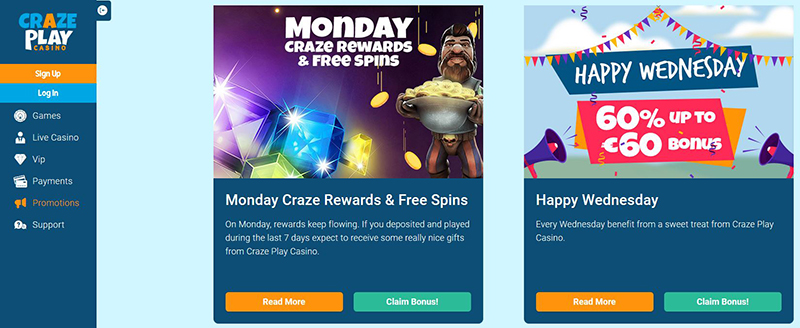 CrazePlay Casino weekly bonuses