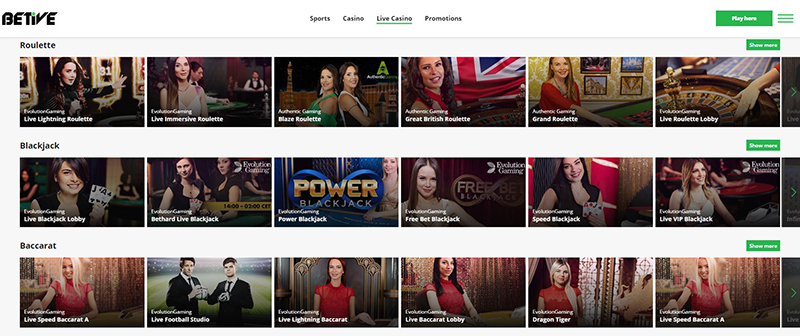 Betive live casino games