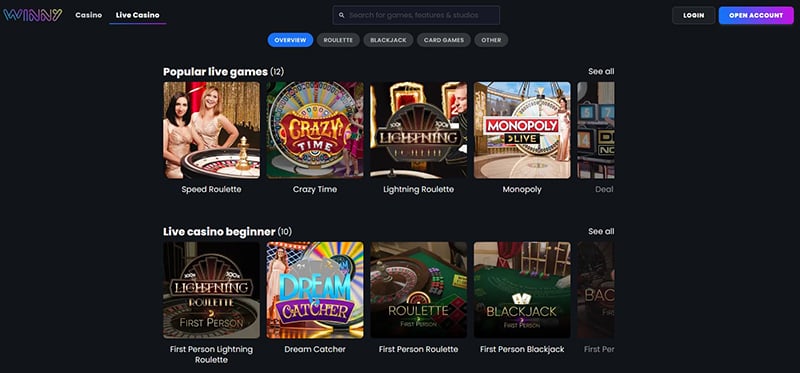 Winny live casino games