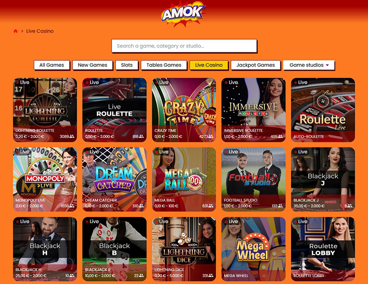 Amok Casino live casino games